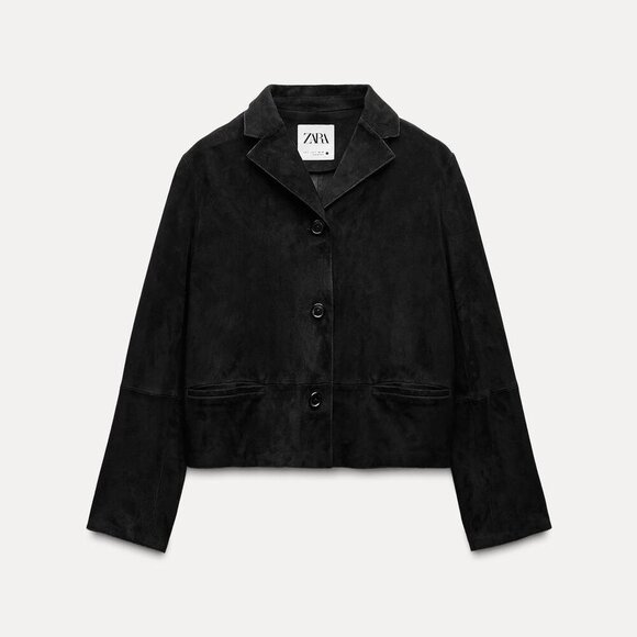 NEW Zara | Suede Leather Button-down Blazer In Black - Picture 13 of 15